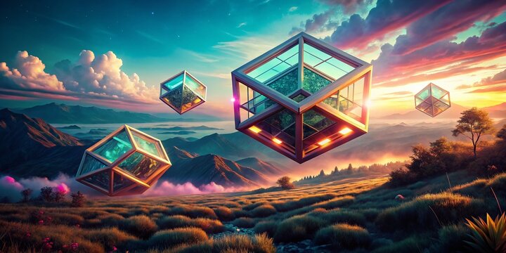 Surreal Four-Dimensional Cube Floating in a Dreamlike Landscape