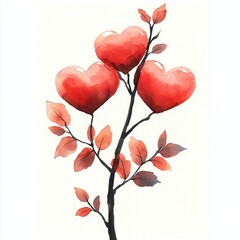 Watercolor Hearts on Branch with Red Leaves and White Background