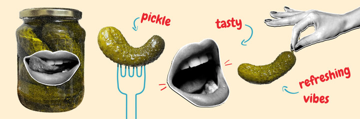 Enjoying tasty pickles with refreshing vibes from a jar in a vibrant kitchen setting, featuring a hand reaching for a delicious green pickle on a fork.