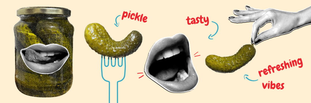 Enjoying tasty pickles with refreshing vibes from a jar in a vibrant kitchen setting, featuring a hand reaching for a delicious green pickle on a fork.