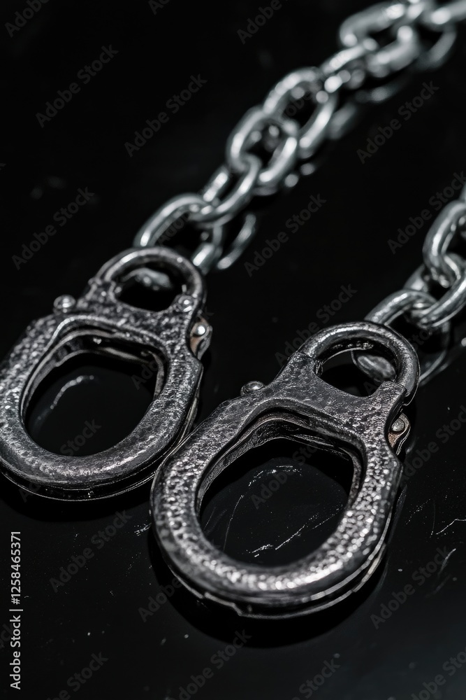 Poster a pair of handcuffs hanging from a metal chain, often used as a symbol of restriction or captivity