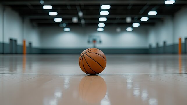 Basketball rests on the polished wooden floor in an empty gymnasium during early evening hours, hinting at recent activity and anticipating the next game - Powered by Adobe