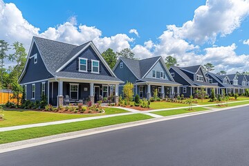 Naklejka premium North Carolina Single-Family Homes with Light Blue and Gray Facades, Bokeh Background.
