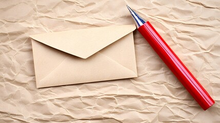 Vintage Letter and Red Pen on Crumpled Brown Paper Background