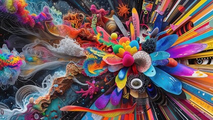 Fototapeta premium An abstract display combines vivid colors and intricate shapes, capturing the essence of creativity. Dynamic elements swirl together to form an unexpected and engaging visual experience