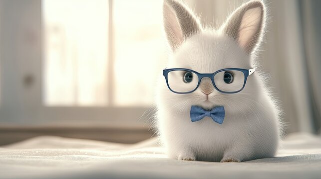 Cute white rabbit with glasses and a bow tie sitting on a light-colored surface near a sunny window in a cozy room