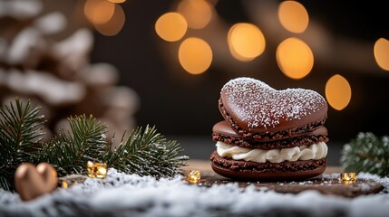 Indulge in these extravagant heart-shaped chocolate macarons, adorned with festive decorations, perfect for all your holiday celebrations!