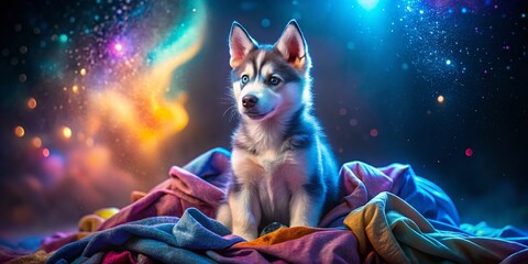 Surreal Husky Puppy: Blue Light, Clothes Pile - Adorable Pet Photo
