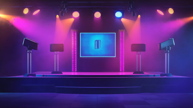 Quiz game stage interior with stands, spotlights, questions on digital screen. Modern scene for intellectual tv program, competition, television trivia show. Cartoon vector illustration, 2d background