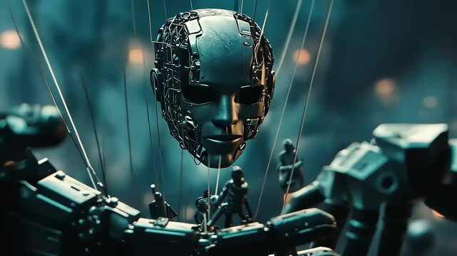 Mechanical Hand Manipulating a Robotic Head and Miniature Figures