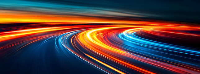 Abstract swirling light trails of vibrant orange blue and red colors depicting speed and motion