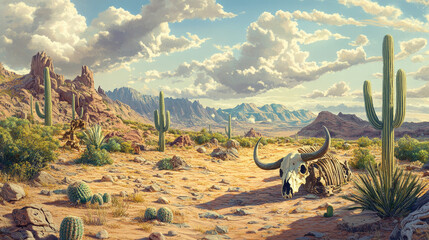 Fototapeta premium American sand desert with cactuses, stones and bull skull and bones. Hot desert landscape with mountains, plants and buffalo skeleton, vector cartoon parallax background ready for 2d animation with