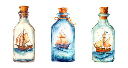 Watercolor set of glass bottles with ships inside. Souvenir glass bottle with ship on wave inside. Sea voyage in a bottle. Sailing crafts. Miniature sea vessels on the sea or ocean. 