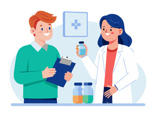 A professional pharmacist wearing a lab coat, holding a prescription bottle, explaining medication to a customer, isolated on white background.
