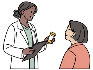 A professional pharmacist wearing a lab coat, holding a prescription bottle, explaining medication to a customer, isolated on white background.
