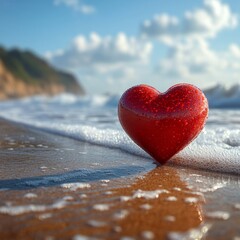 Fototapeta premium Heart Shape Object on Shoreline with Ocean Waves and Blue Sky