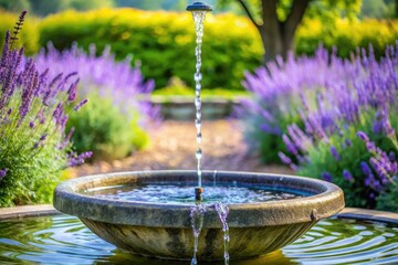 Dripping lavender water feature in a serene garden, serene, outdoor, water feature
