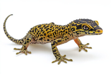 Naklejka premium Leopard gecko with unique spotted skin, standing on white to capture exotic appeal