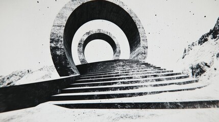 Abstract monochrome stairway leading to concentric circles, creating a surreal and mysterious atmosphere.