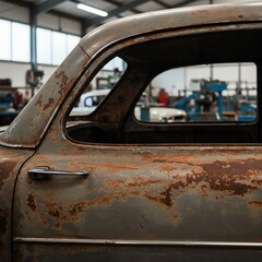 Fototapeta premium Close-up of a rusty vintage car wing and door in a retro garage, with space for text. Perfect for blogs, event ads, restoration companies, and vintage car branding.