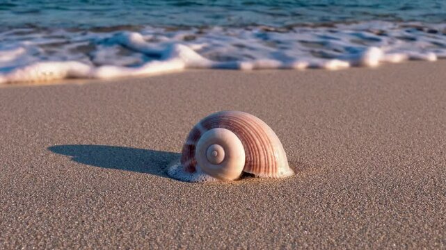 Close-up video of a seashell on a sandy beach with waves in the background, captured from a low angle, highlighting natural textures and tranquility.