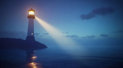 Fototapeta premium A lighthouse at night on the coast of the sea or ocean illuminates the path with a searchlight beam. Vector illustration in cartoon style