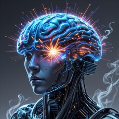 A humanoid figure with a glowing brain symbolizes the intersection of technology and creativity. Sparks of light emanate from the brain, representing innovative ideas in a dynamic atmosphere