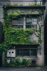 Urban building covered in vibrant green vines.