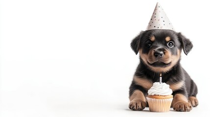Adorable puppy wearing a party hat beside a cupcake with a candle during a birthday celebration indoors
