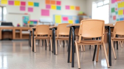 Empty Classroom, school desks and chairs. Ideal for educational resources, school photos