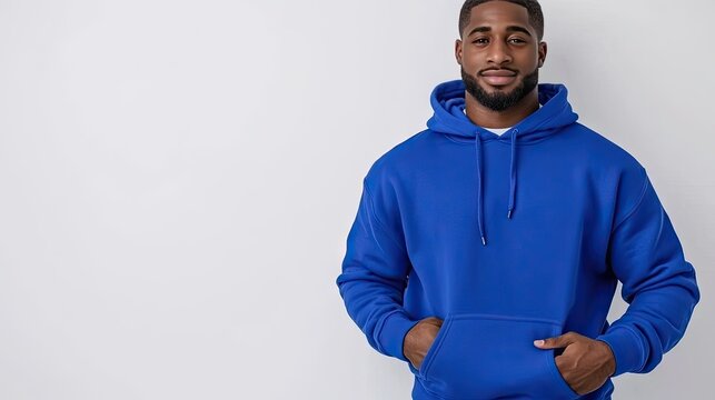 Young man in a blue hoodie stands confidently against a plain background with his hands in pockets, showcasing a casual and relaxed vibe