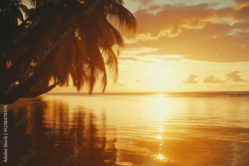 Poster sunset over the calm sea with palm trees silhouetted along the shoreline. generative ai