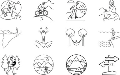 Obraz premium Outdoor Adventure Activities Hiking, Cycling, Camping, and Relaxation Icons