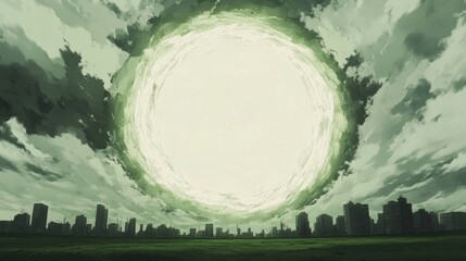 An ominous, swirling vortex dominates the sky above a cityscape, casting a greenish hue over the scene. A sense of impending event is palpable.