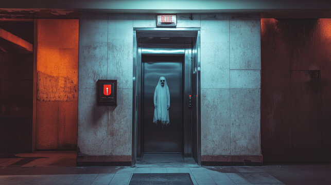 Horror banner with ghost stand in broken elevator. Haunted house with creepy spook woman inside of lift. Scary old building with dead spirit inside, halloween scene, movie Cartoon vector illustration
