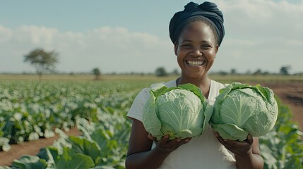 Smiling woman holding freshly harvested cabbages in a large green field on a sunny day near a rural farming community