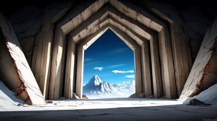 A breathtaking view of snow-capped mountains peaks seen through a large, ancient stone archway.  The scene is serene and awe-inspiring.