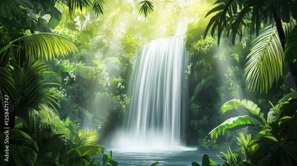 Poster Lush tropical rainforest with a cascading waterfall and sunlight filtering through the canopy. Generative AI