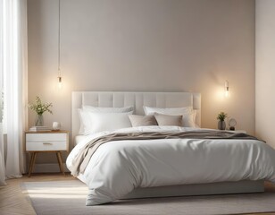 Elegant bedroom scene with a white bed and matching pillow against a soft background, bedroom, simple elegance, restful atmosphere