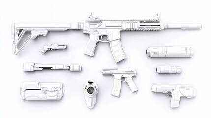 Collection of sci-fi weapon silhouettes on white background for gaming inventory