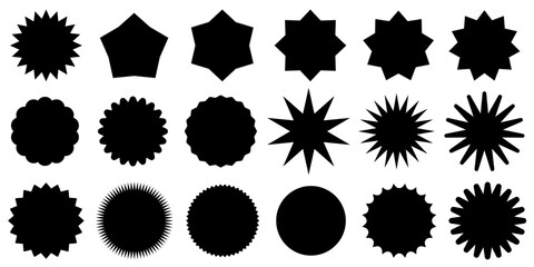 Collection of starburst circles with zigzag and wavy edges. Stylized abstract shapes with sharp, irregular contours. Vector graphics ideal for markers, stickers, labels, or symbols.