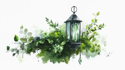 Watercolor illustration of an enchanting fairy lantern with green flowers and crystals