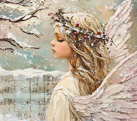 Serene angel in snowfall with music notes in the background. Great for holiday greetings, inspirational prints, and winter campaigns.