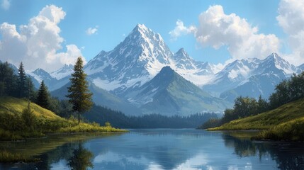 Fototapeta premium Majestic Mountain Landscape with Clear Reflection in Serene Lake