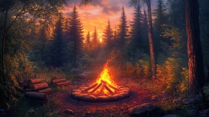 Sunset Campfire in the Enchanting Forest