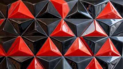 Bright wall with triangular tiles alternating black and red, generative ai
