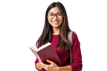 Portrait of a smiling young college student in glasses with book isolated on transparent background