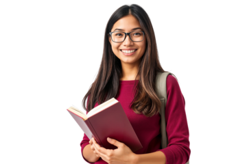 Portrait of a smiling young college student in glasses with book isolated on transparent background