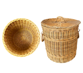 Beautiful brown rattan round woven basket transparent background.