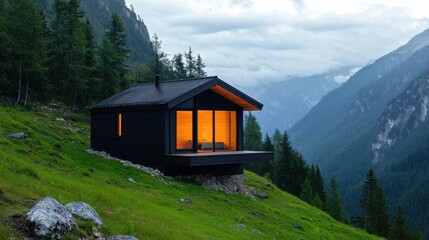 Modern Cabin Nestled in Lush Green Mountain Landscape at Dusk